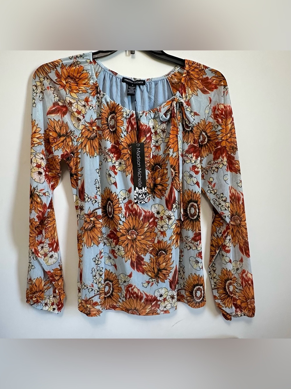 Madison Michelle Light Blue Sunflower Tie-Neck Blouse